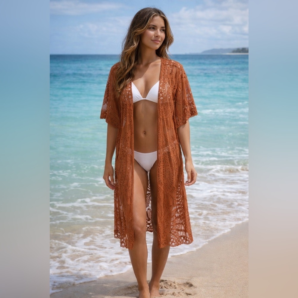 REBELLION Laced Rust Orange Kimono with flower details Bohemian Lightweight Sz L